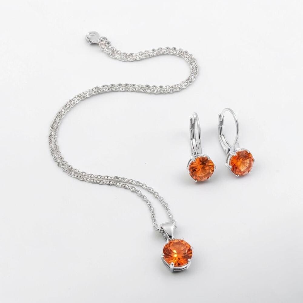 NWOT Orange Crystal Necklace & Earrings Silver Tone Jewelry Set - Picture 7 of 7